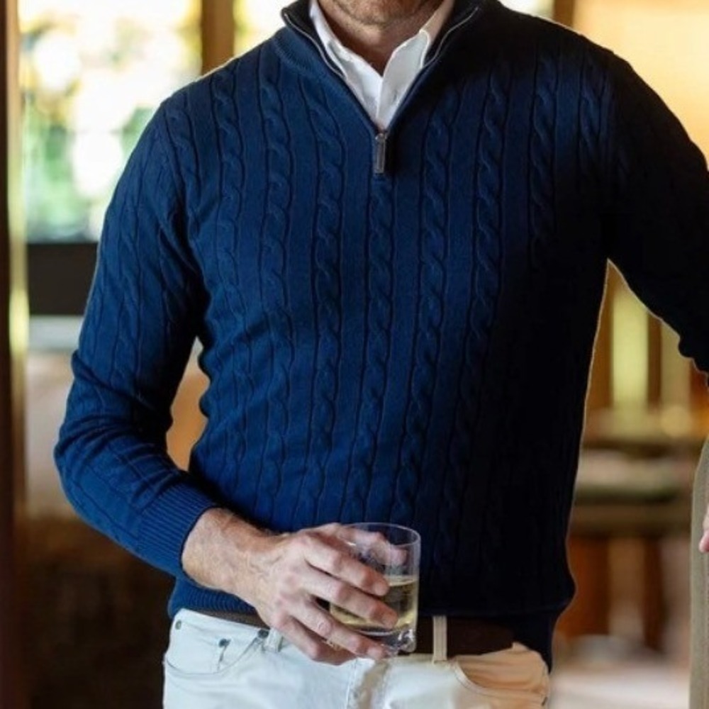 Collars & Co Kensington Navy Cable Knit Quarter Zip Sweater Mens Medium NWT - Picture 1 of 6